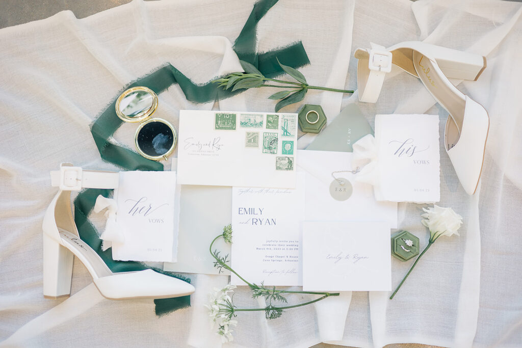 Artfully arranged wedding flat lay with carefully curated keepsakes.